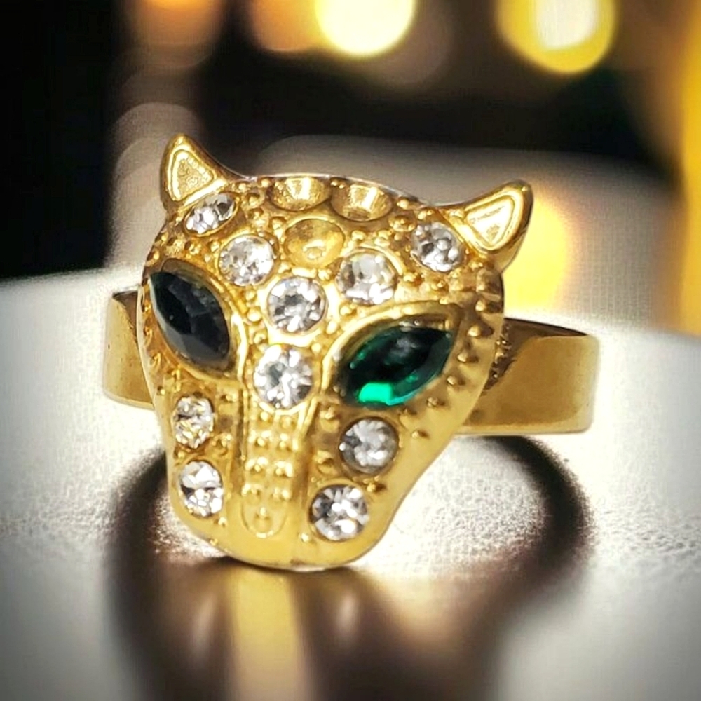 Gold Panther Zircon Emerald Crystal Ring